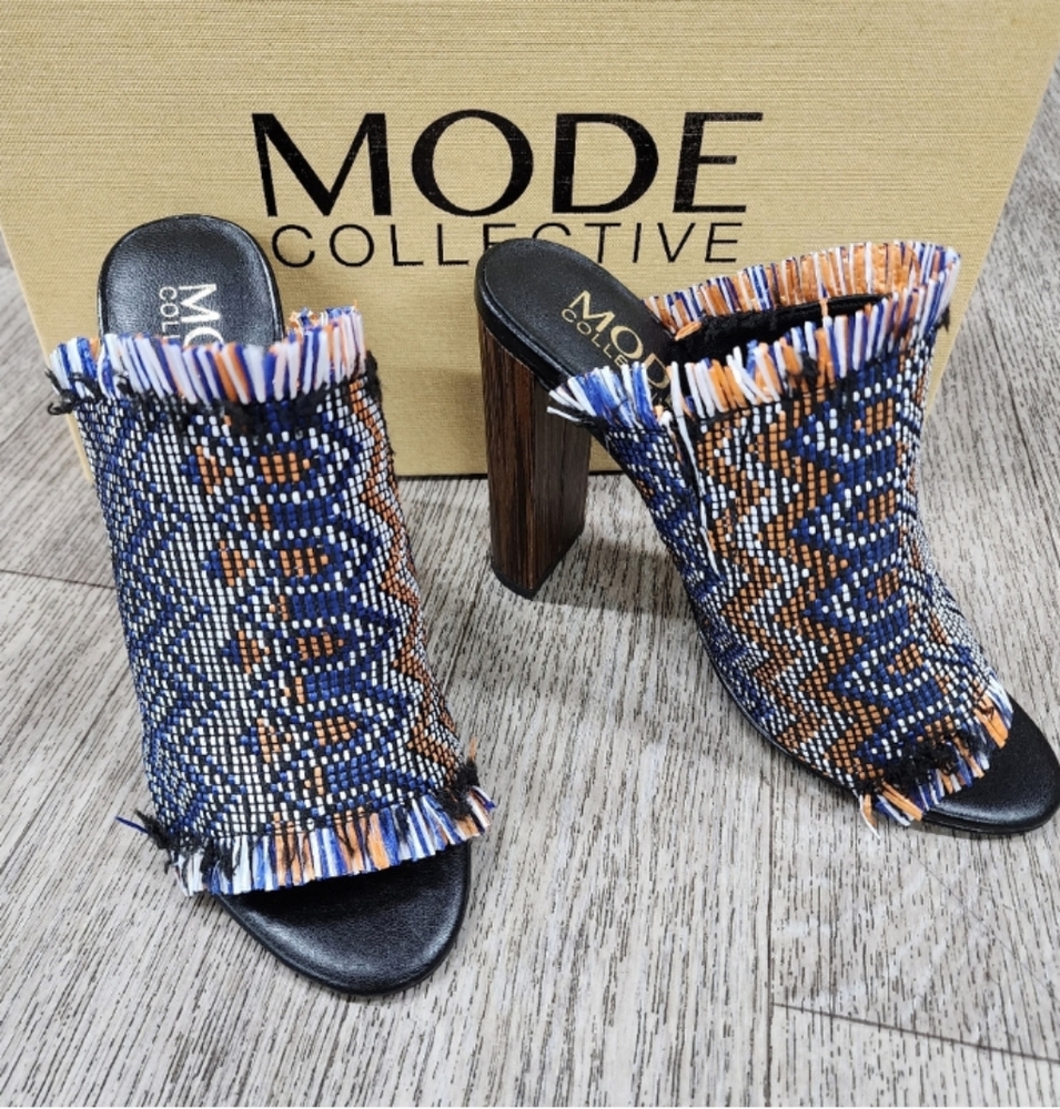 NIB Woven Frayed Orange Blue Sandstorm High Mule Heel tribal